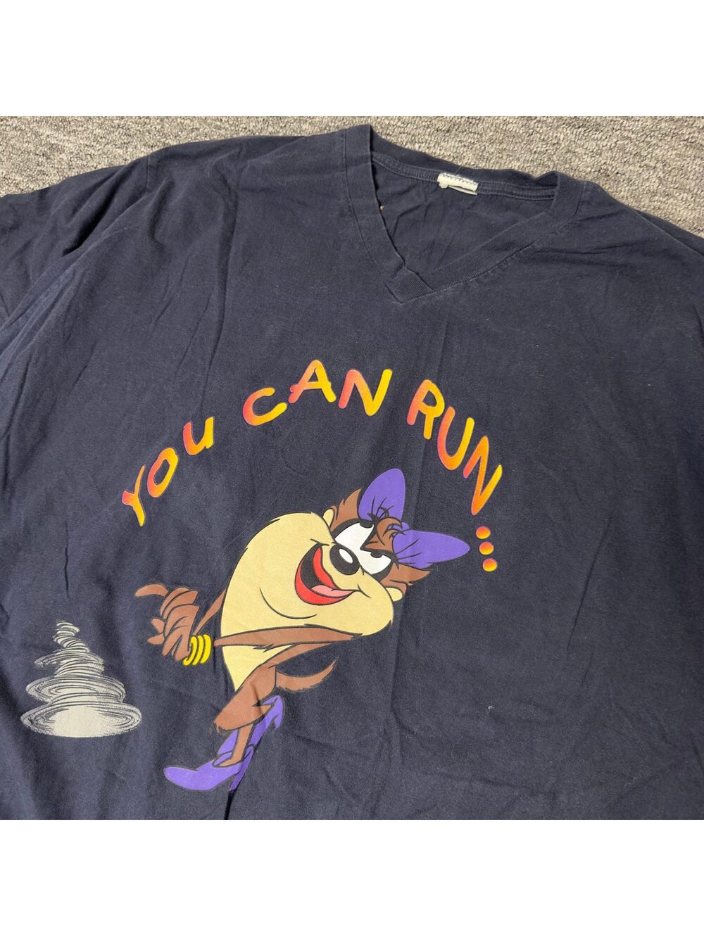 Looney Tunes Taz You Can Run V-Neck Tee Oversized Navy